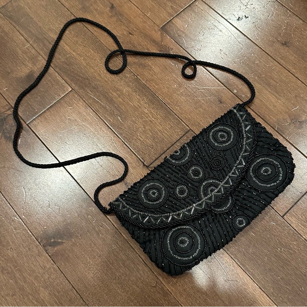 Black satin beaded evening bag